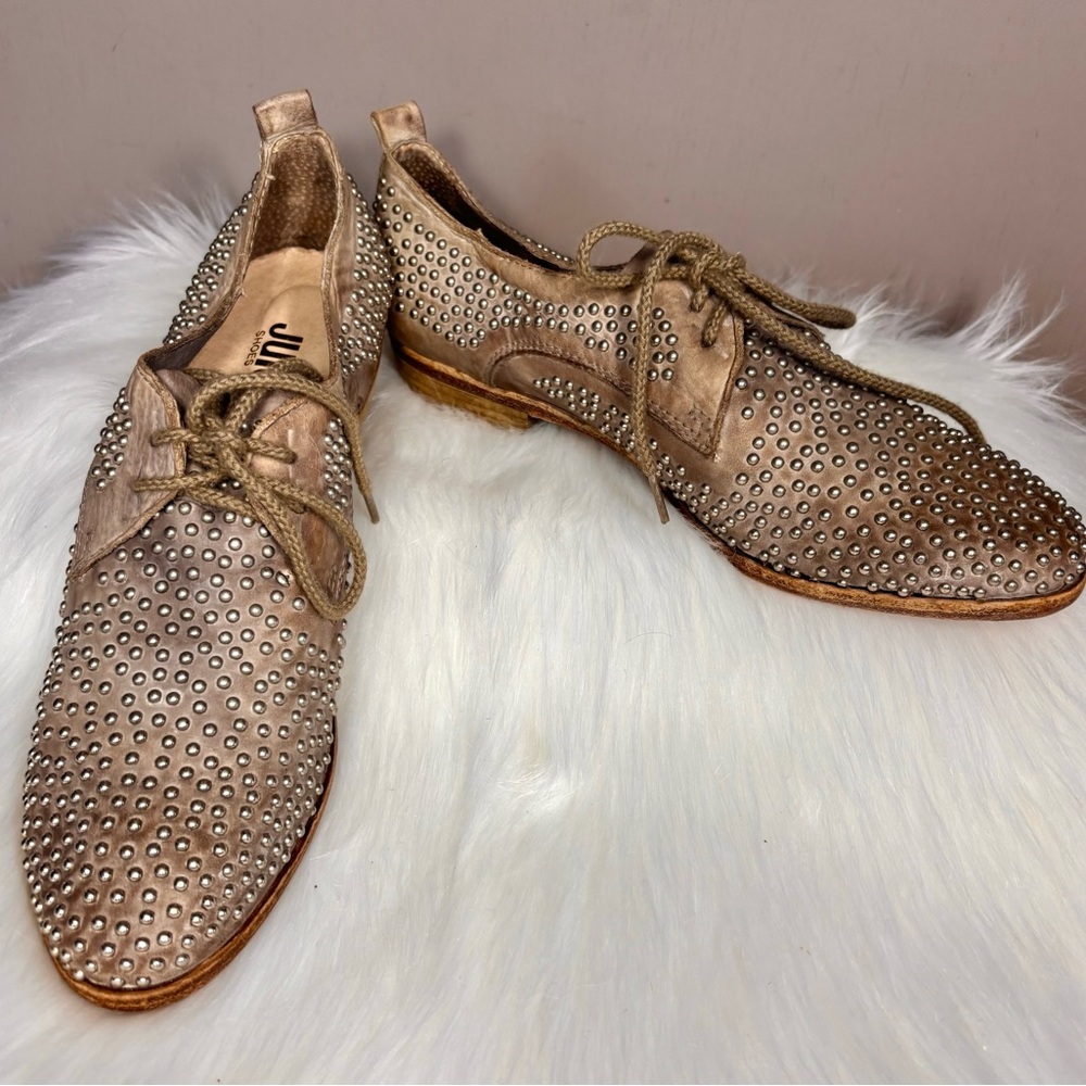 JUICE SHOES Studded Leather Distressed Loafers - Picture 1 of 6